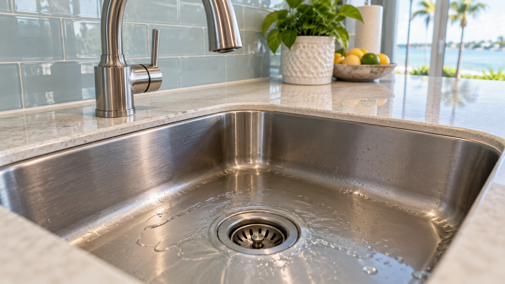 Stainless steel kitchen sink with water around the drain and a brushed metal faucet